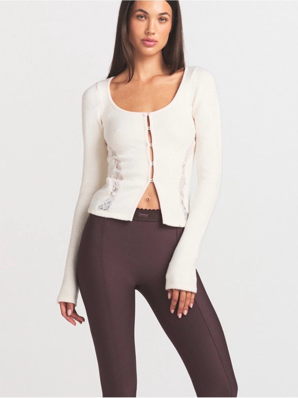 SKIMS Cream Scoop Neck Hook-and-Eye Lace-Panel Cardigan